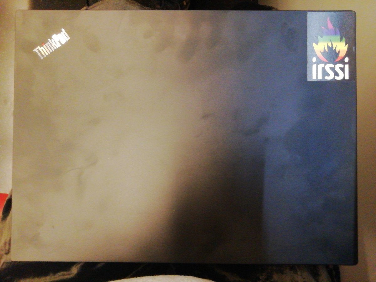 The back of a laptop with the ThinkPad logo on the top left and a rainbow colored fire and the lettering "irssi" below it