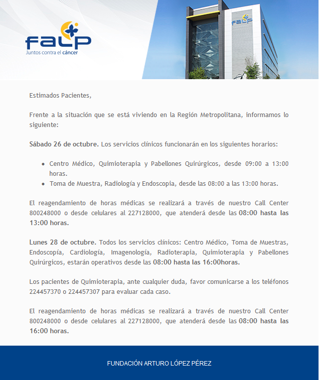 Querida comunidad FALP:
Informamos actualización de horarios de atención: