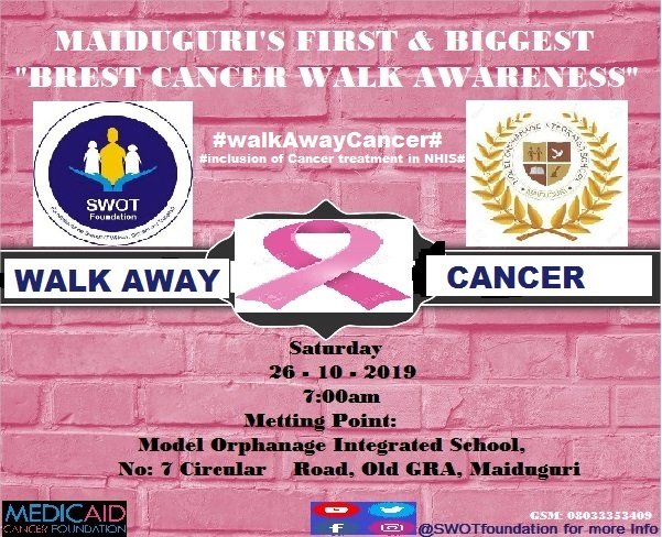 mohammedswot1's tweet photo. Be our Guest tomorrow Morning for Breast Cancer Awareness Walk by 6:30am meeting point  @ MOIS Maiduguri Circular Road.
#WalkawaycancerNG
#include Breast Cancer Treatment in NHIS
@kujarima  @MedicaidCF https://t.co/DOj7q5Rkev