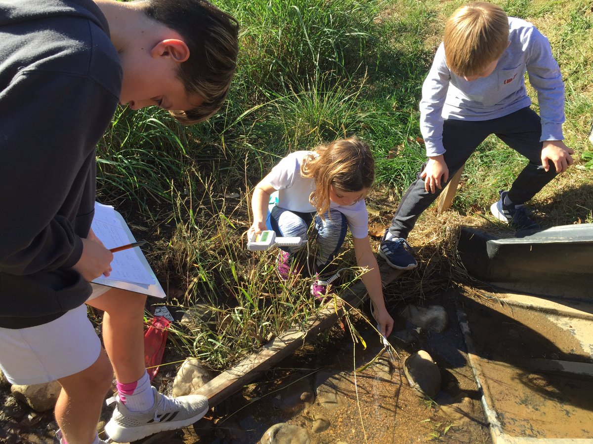 MissAppaiah's tweet photo. On Green Day yesterday, 4th graders cleaned up our campus to keep trash from entering our watershed. They also completed the @EcoSchoolsUSA audit by testing the pH level and temperature of the soil and water in our schoolyard habitat. @GreenSchoolsNN @DiscoveryAPS #APSgreen https://t.co/ykXWrRodSz
