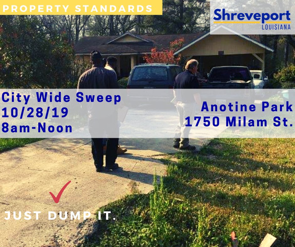 loveshreveport1's tweet photo. The Department of Property Standards is continuing to conduct Sweeps in Shreveport neighborhoods addressing any violations, problems, and concerns citizens may have. The next one will be THIS MONDAY at Antoine Park.
#LoveShreveport #CleanCity #PropertyStandards #JustDumpIt https://t.co/EfeOFZL4WF
