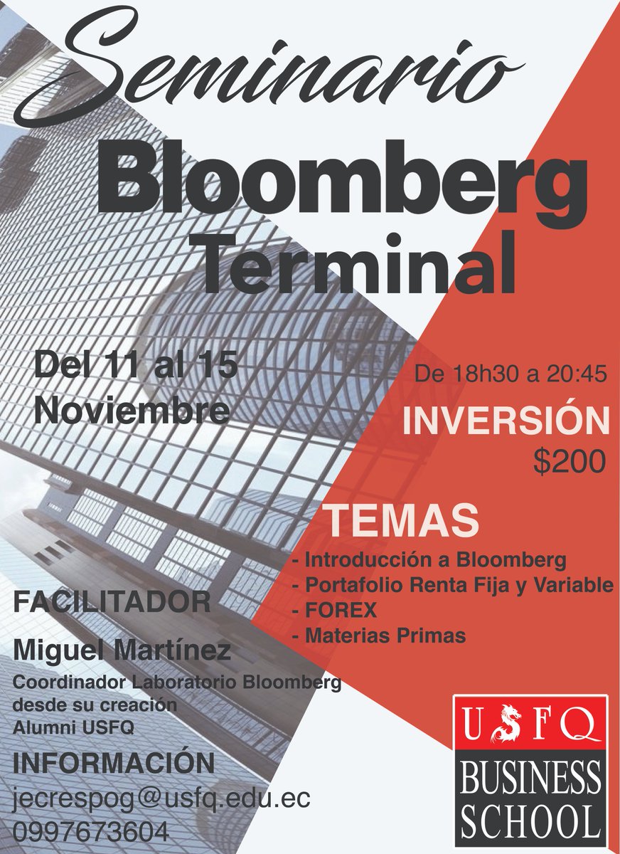 USFQBSchool's tweet photo. Seminario Bloomberg Terminal, invierte como un profesional.

Inscríbete ya! Cupos limitados.📈💲 https://t.co/PxfxuNmlja