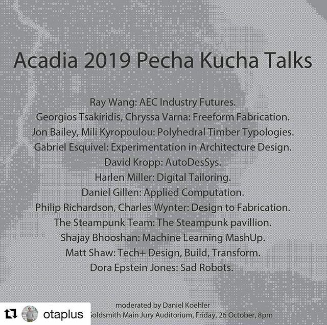 acadiaorg's tweet photo. Please join us for tonight's 2019 ACADIA Pecha Kucha and Exhibition opening following Dominique Jakob's keynote lecture. There will be some amazing speakers, BBQ, and drinks. Pease join us in Goldsmith Hall!
@punktiert moderating!
.
.
.
@acadiaorg @utsoa… https://t.co/8UUw0qpN0n https://t.co/4Qvh9935jk