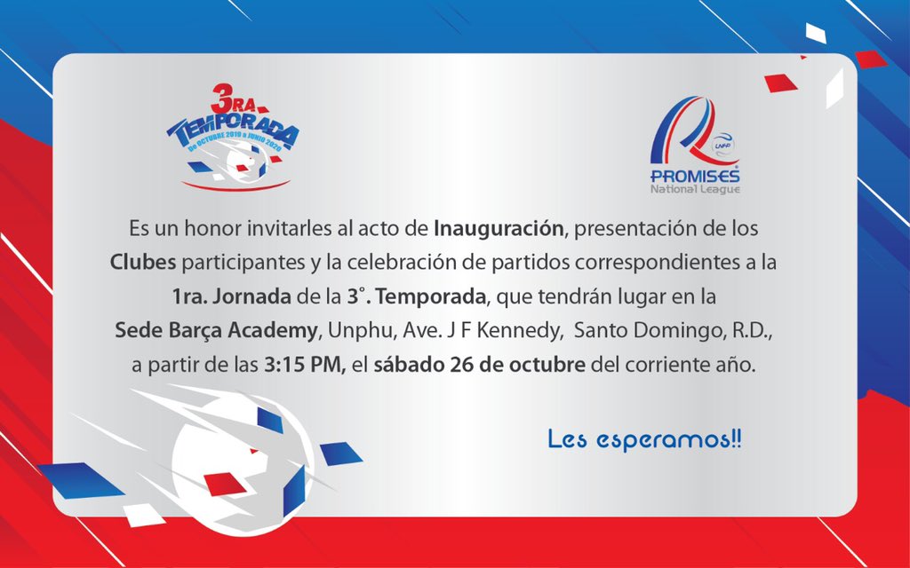 promises_league's tweet photo. Preparados para la Inauguración y nuestra 1ra. Jornada 🤩
Así daremos inicio a nuestra #3ratemporada
Estamos llenos de emoción ya que sabemos será muy competitiva entre nuestros equipos elite.
Te esperamos este sábado 26 de octubre⚽️🎉
. 
#futbolrd #laliga #promisesleague #liga https://t.co/cHDC0dJ2Bx