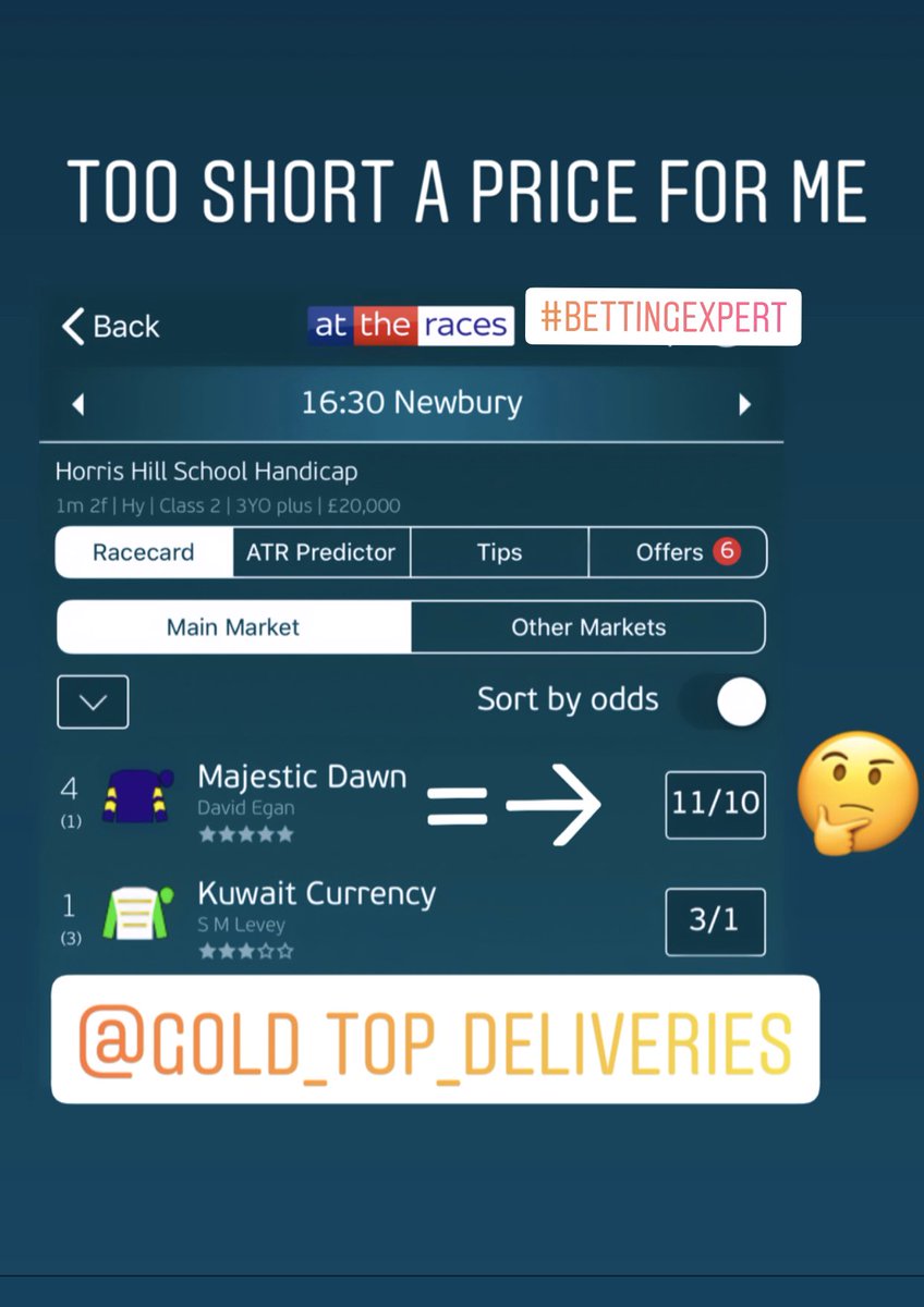 goldtopdeliver's tweet image. Saturday 26 October – horses to watch

Majestic Dawn looks a nice horse in the making but at 11 to 10 it’s not a bet for me.

#bettingtips #bettingblog #bettingexpert #bettingpeople #bookiebashing #HorseRacing #horseracingtips