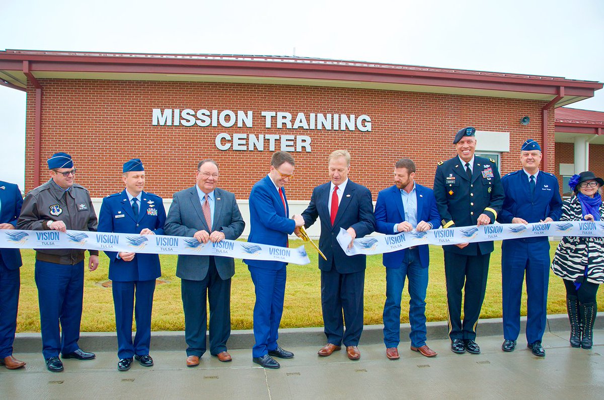 VisionTulsa's tweet photo. Mayor @gtbynum joined the @138thFW this afternoon for a ribbon cutting for the new Air Nat'l Guard Mission Training Center. Built with $9.4M in Vision funds, the 20,000sf facility will house 4 state-of-the art simulators to provide realistic combat training for fighter pilots. https://t.co/0OyZzJZceT