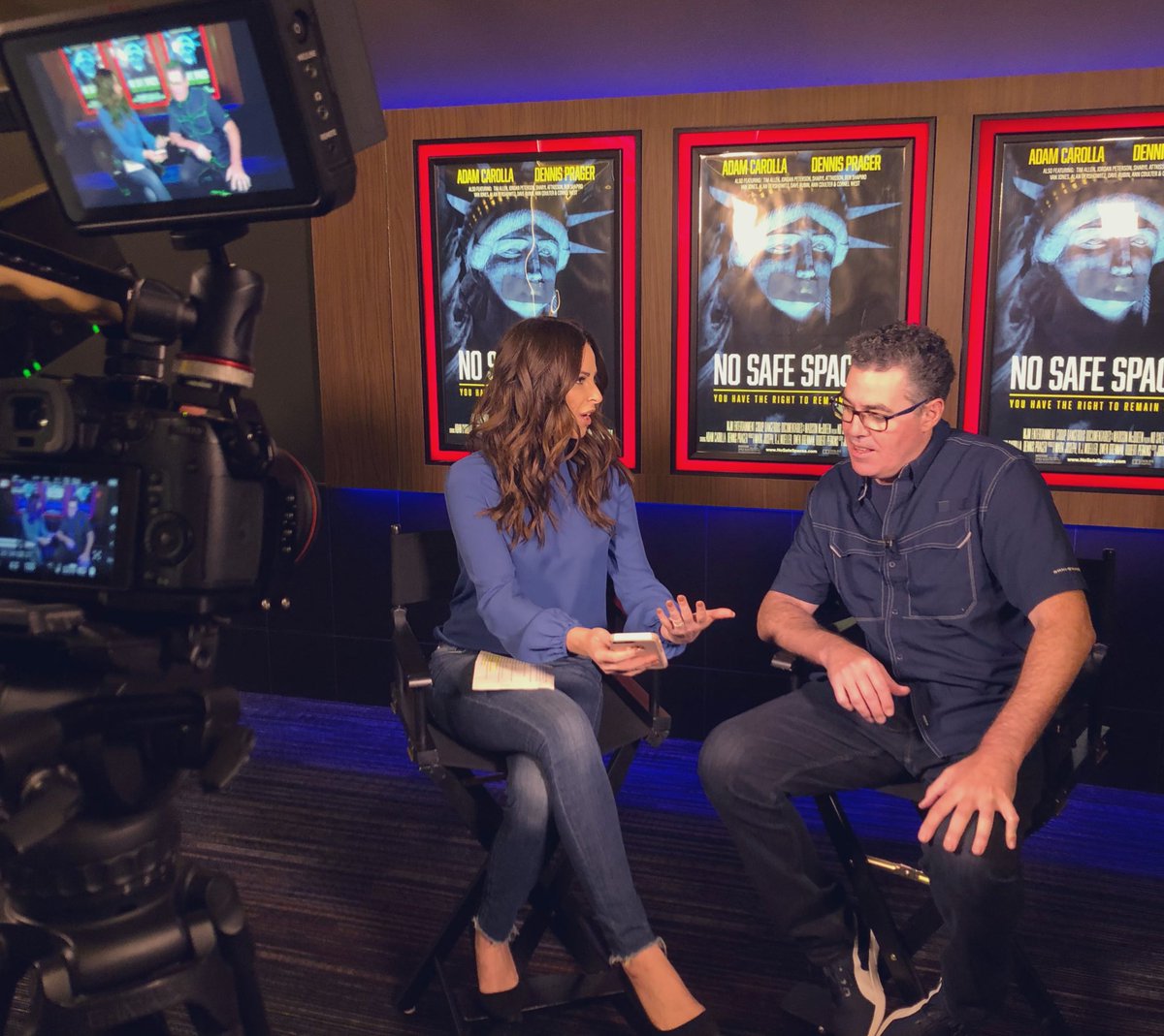 teresastrasser's tweet photo. Loved sitting w/ @adamcarolla to discuss #podcasts and @No_Safe_Spaces w/ @DennisPrager - showing at @HarkinsTheatres Scottsdale tonight. Debate, dissent, fairness, common sense, free speech, big questions pondered eloquently & with trademark ACE humor & insight. #formersidekick https://t.co/WVpe3JAiqe