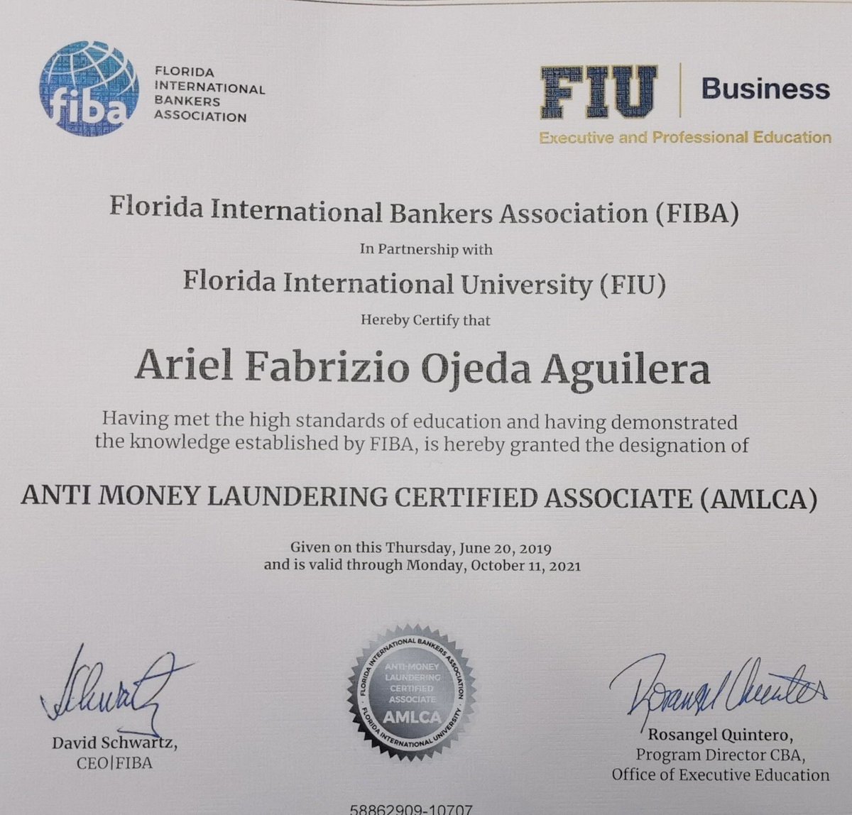 aojeda's tweet photo. Certificación internacional de la @FIBAbankers y la @FIU en prevención de lavado de dinero y financiamiento del terrorismo. Anti Money Laundering Certified Associate #AMLCA https://t.co/LjKuujVrp8