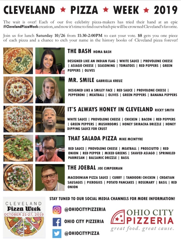This. Is. It.
⁦🇮🇳 @HomaBashWEWS⁩ 
😁 ⁦<a href="/thesportsGab/">Gabriella Kreuz</a>⁩ 
🍯 ⁦<a href="/Rickonia/">Ricky Smith</a>⁩ 
🥗 ⁦<a href="/MichaelMcIntyre/">Mike McIntyre</a>⁩ 
🌎 ⁦<a href="/joecimperman/">joecimperman</a>⁩ 

$8 gets you a taste of all 5 + 1 vote, 11:30 - 2 Sat ⁦<a href="/ohiocitypizza/">Ohio City Pizzeria</a>⁩. Let’s end ⁦<a href="/ClevelandScene/">Cleveland Scene</a>⁩ #Pizzaweek with a 🏆!