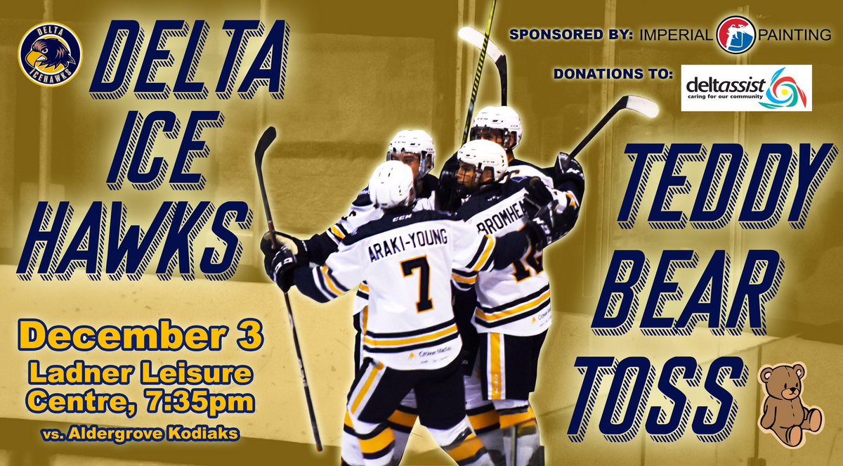 Warm up your throwing arms and mark your calendars!

We are very excited to announce that our 2nd Annual Teddy Bear Toss is back on December 3 against the <a href="/AldKodiaks/">Aldergrove Kodiaks</a>, supporting @deltassistcares’ Toy Depot! 

#DeltaHawkey #TeddyBearToss #Community