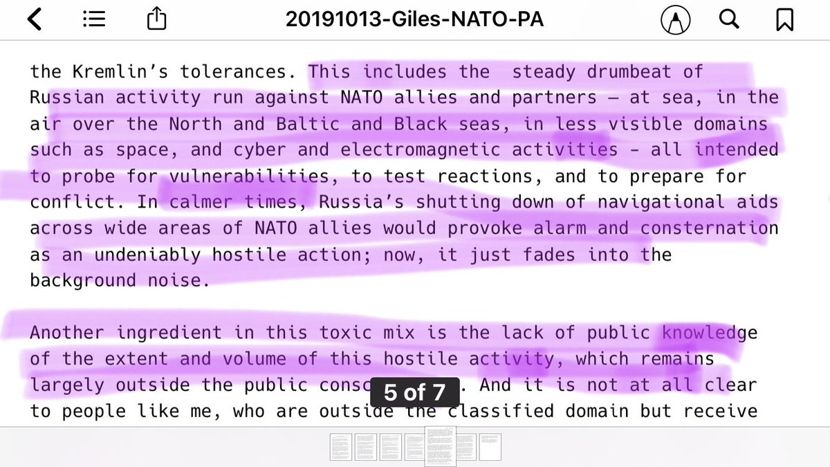 19/ STEADY DRUMBEAT: “This includes the steady drumbeat of Russian activity run against NATO allies and partners—at sea, in the air..space, cyber and electromagnetic activities—all intended to probe for vulnerabilities, to test reactions, and to prepare for conflict.”- @KeirGiles