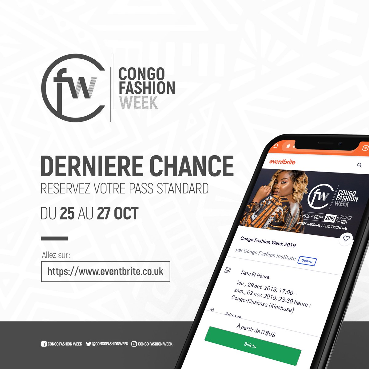 CongoFashWeek's tweet photo. DERNIÈRE CHANCE !
Après plusieurs demande de votre part nous avons décidé de rendre le Pass Standard à nouveau disponible. https://t.co/8pK3SijhCo
