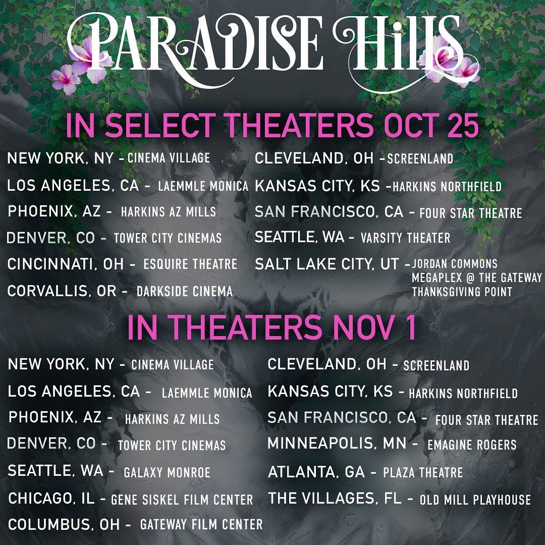 Paradise Hills in select theaters starting today! Below are places to find playing, if it is an option for you then go out to see it! #emmaroberts #paradisehills #millajovovich #eizagonzales #daniellemacdonald #awkwafina #jeremyirvine #film #movie #indie #scifi #fantasy