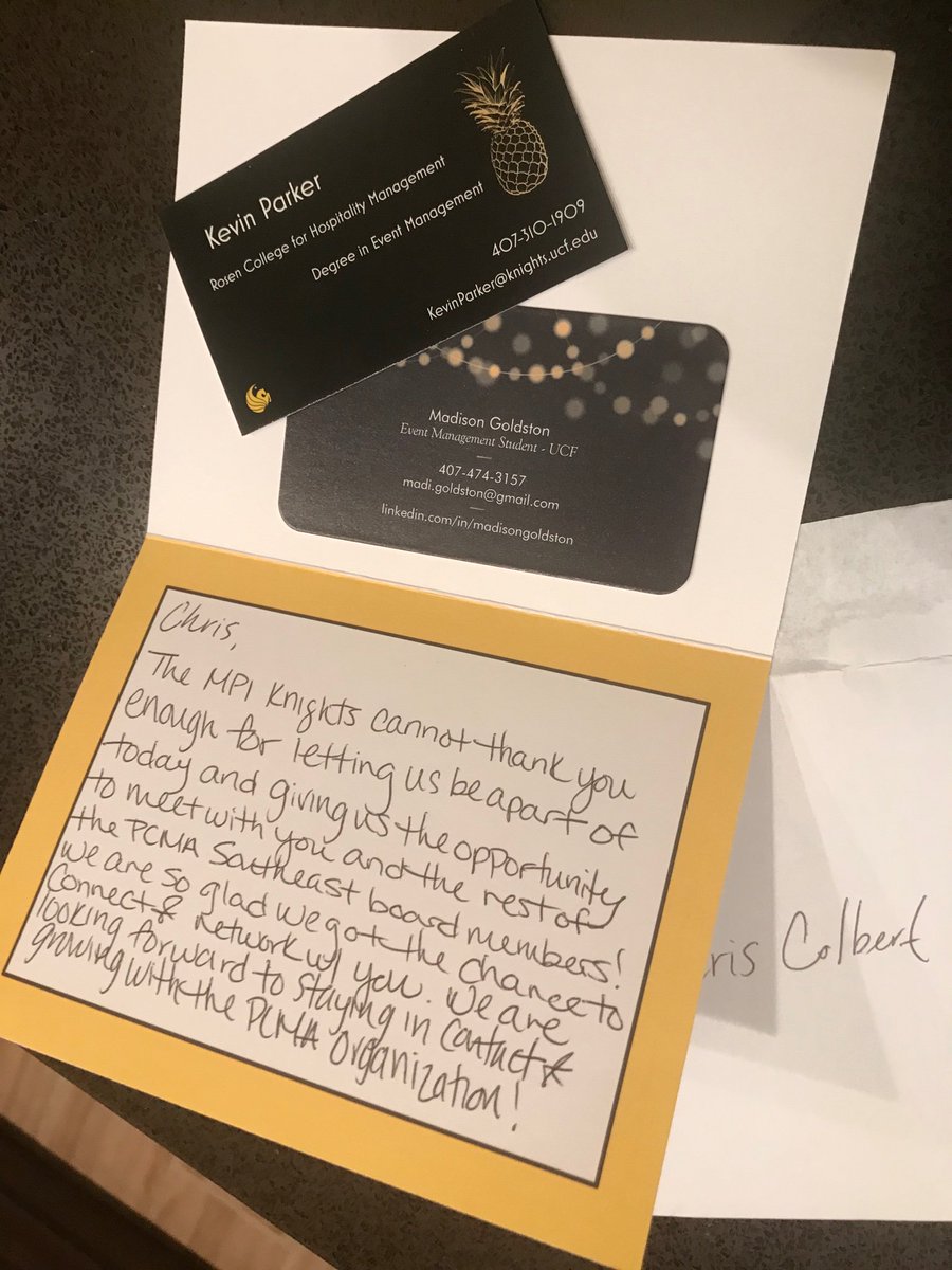 SE_PCMA's tweet image. Today the #PCMASE Board met with students from @UCF Rosen School of Hospitality Management @ Magic Village Views. The students were so thoughtful as they gave prewritten notes to each Board Member upon the completion of a networking session. #KindnessMatters #Hospitality #nextgen
