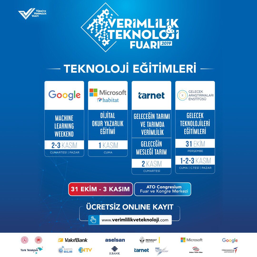 Verimlilik ve Teknoloji Fuarı, Tenoloji Eğitimleri başlıyor! Ücretsiz online kayıt yaptırmayı unutmayın!
verimlilikveteknoloji.com/tr/egitim-kayit

#VerimlilikveTeknolojiFuarı2019
#GeleceğinTeknolojileri