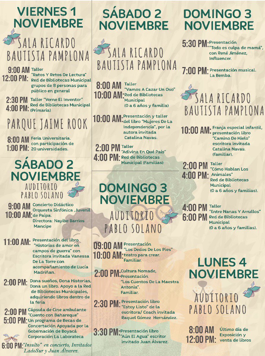Paipa abre sus puertas a la lectura!

Te esperamos del 30 de octubre al 4 de noviembre en la Primer Feria de Libros Y Lectores "Paipa El lugar Que Te Hace Bien" y compartas con tu familia de la lectura, actividades culturales, talleres y presentaciones de libros.