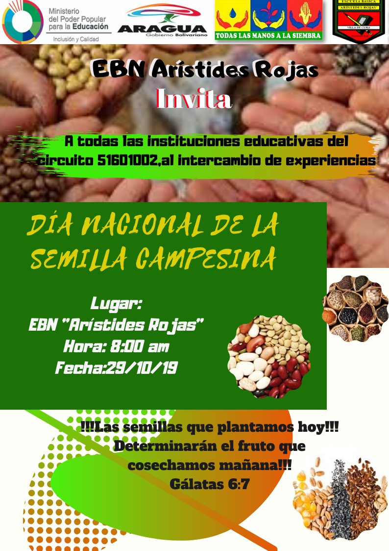 Celebración del día de la Semilla Campesina en EBN Arístides Rojas, invita a escuelas del circuito 51601002, y toda la comunidad en general. Acompañanos y comparte el intercambio de experiencias este 29/10/19.<a href="/joanca30/">Joanna c. Alvarado p</a> <a href="/leoalvacabrera/">Prof. Leonardo Alvarado</a> <a href="/fotoecocultura/">Yoger Armas ¡Siempre Por El Camino De Chávez!</a> <a href="/YULIANA33119781/">YULIANA MARTINEZ</a>