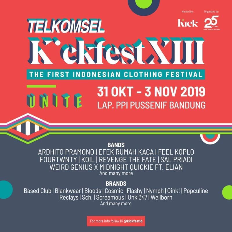Hallo, #TELKOMSELKICKFESTXIII Bandung kembali menyapa!
Tanggal 31 Oktober - 3 November 2019 di Lap. PPI Pussenif Bandung.
.
Temukan banyak keseruan dari ratusan brand clothing lokal Indonesia. Dan tidak ketinggalan berbagai program acara yang menarik selama 4 hari.