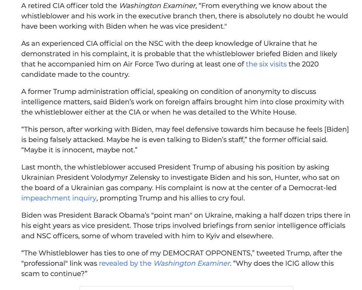 58. “A former Trump administration official said Joe Biden’s work on foreign affairs brought him into close proximity with the  #whistleblower either at the CIA or when he was detailed to the White House”