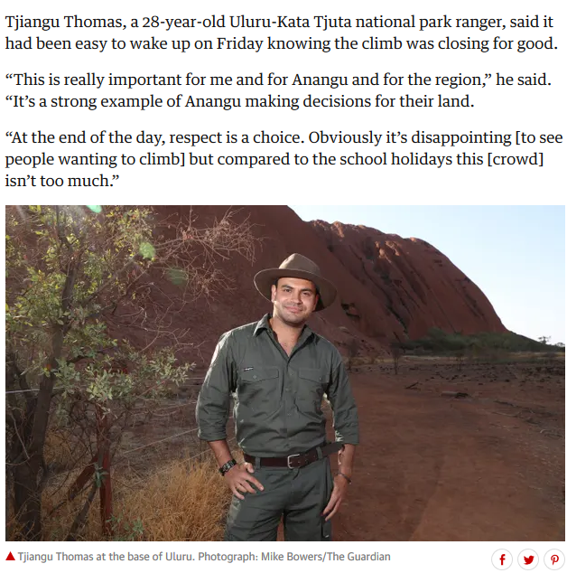 WgarNews's tweet photo. @RobRobbEdwards @BlakandBlack @janettj777 @JennyPineapple2 @Triplejay58 @RightsLGBTI @MorpheusBeing @Michz45 @lynlinking @WhteRbbnAdvocat #AboriginalRights | #UluruClimbClosure #Uluru #UluruClimb #GuardianOz: https://t.co/Sem93oIvVp | #GrahamReadfearn #LorenaAllam: "#TjianguThomas, a #UluruKataTjuta #NationalParkRanger: it had been Easy2WakeUpOnFriday knowing the #ClimbWasClosing4Good" | https://t.co/eDwgFpdHo7 https://t.co/mWv1r6vxkf