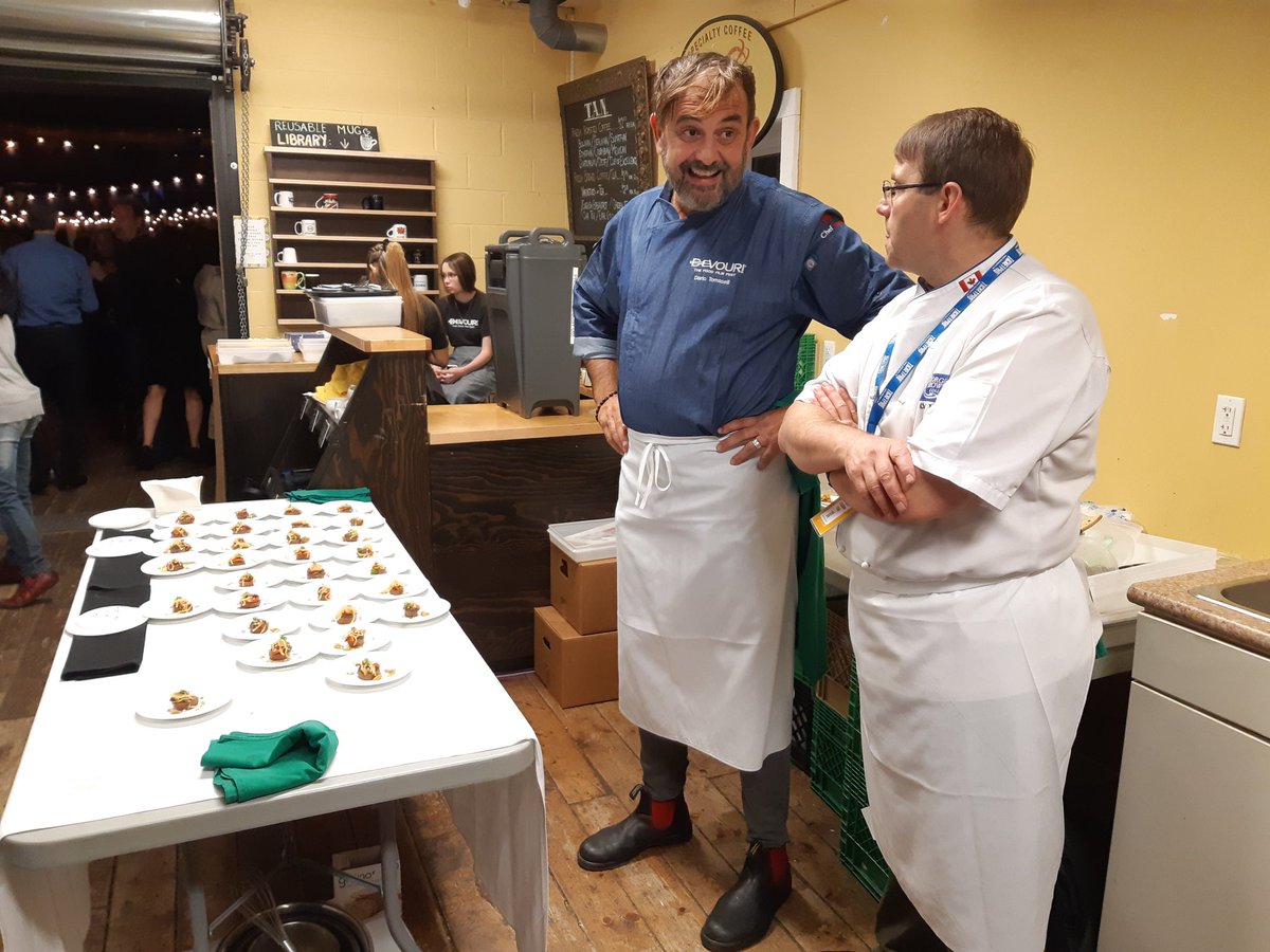 devourfest's tweet photo. Here’s a glimpse behind the scenes during the five-course Celebrity Chef Dinner based on today’s Spotlight Gala film Food Fighter prepared by: @ChefRoccoTO, @bobblumer, @LORAKIRK2, @dariotomaselli9 &amp; Terry Vassallo. What an unforgettable (and delicious) evening. #devour2019 https://t.co/DmOt0QRDgG