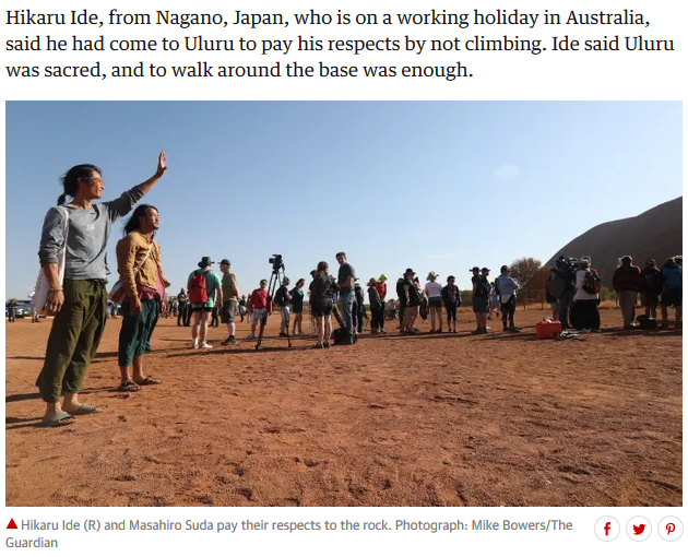 WgarNews's tweet photo. @RobRobbEdwards @BlakandBlack @janettj777 @JennyPineapple2 @Triplejay58 @RightsLGBTI @MorpheusBeing @Michz45 @lynlinking @WhteRbbnAdvocat @prudinx @paulinehollywoo @MarkPlackett1 @anne_clothier @elyasgarad @GoldCoastNurse @LesStonehouse @LadyPoop2 @NIYEC2 @3wombats '#HikaruIde saidHeHadCome2 #Uluru to #PayRespects by #NOTclimbing.. #UluruWasSacred, to #WalkAroundTheBase wasEnough'
By #GrahamReadfearn, #LorenaAllam #IndigenousAffairs
#Photo: #HikaruIde #MasahiroSuda #PayRespects to #theRock #MikeBowers #GuardianOz 
https://t.co/eDwgFpdHo7 https://t.co/BirIEGgQi5