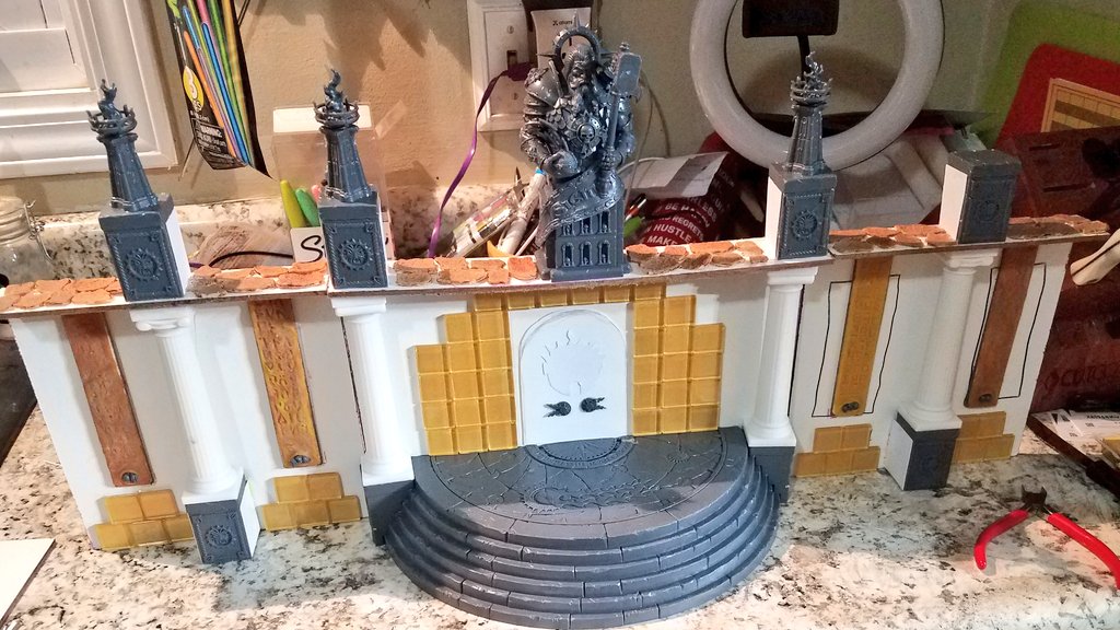 ODTGaming's tweet photo. Working another 2 hours on my #goldencityofsigmar #hammerhal added more #stone #statue #pillars #door #mosaicstone #torches now it spreads 2' wide and 12" tall #AoS #ageofsigmar https://t.co/EoumtMApBp