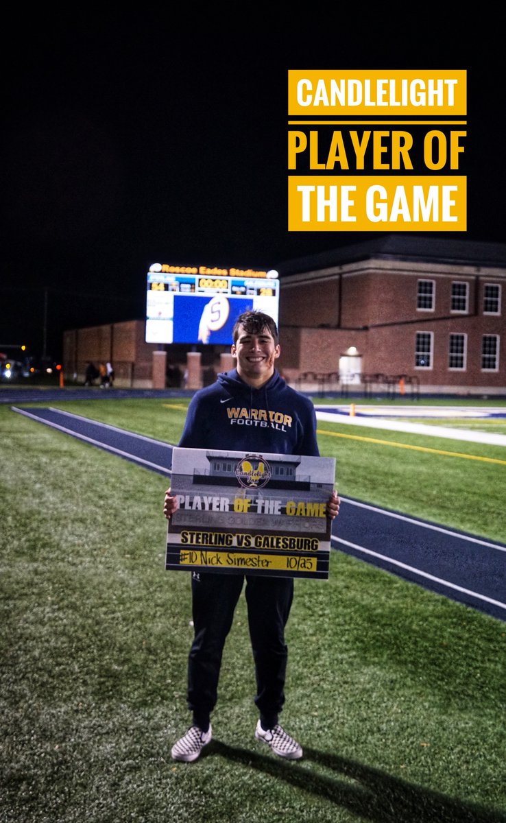shs_gldnwarrior's tweet photo. Nick Simester is the #CandlelightPOG in Sterling's 54-28 win over Galesburg at Prescott Memorial Field. The junior recorded 5 solo tackles, 2 TFLs, and 1 sack defensively and helped pave the way for another 450+ yards of total offense as a blocker. Congrats!
#GoNick #GoWarriors https://t.co/36uKmVmulv
