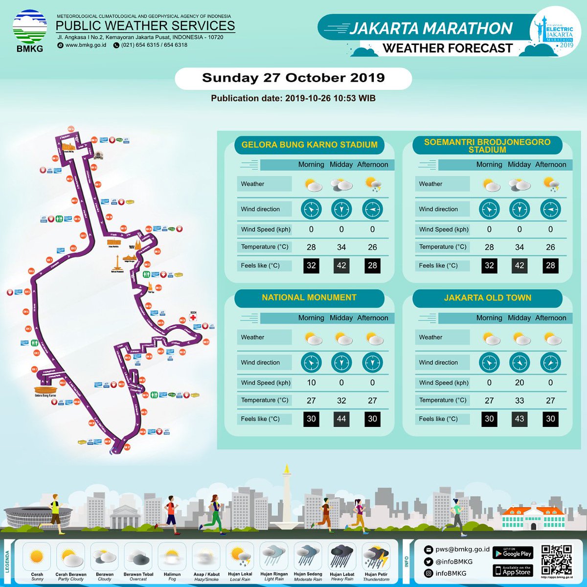 Halo Sobat BMKG,

Dalam rangka 7th Annual Electric Jakarta Marathon 2019 yang akan diselenggarakan Minggu 27 Oktober 2019, berikut kami sampaikan update prakiraan cuaca saat event tersebut.

#infoBMKG #PrakiraanCuaca #MariKenaliCuaca
#jakartamarathon
#jakmar2019
-pws