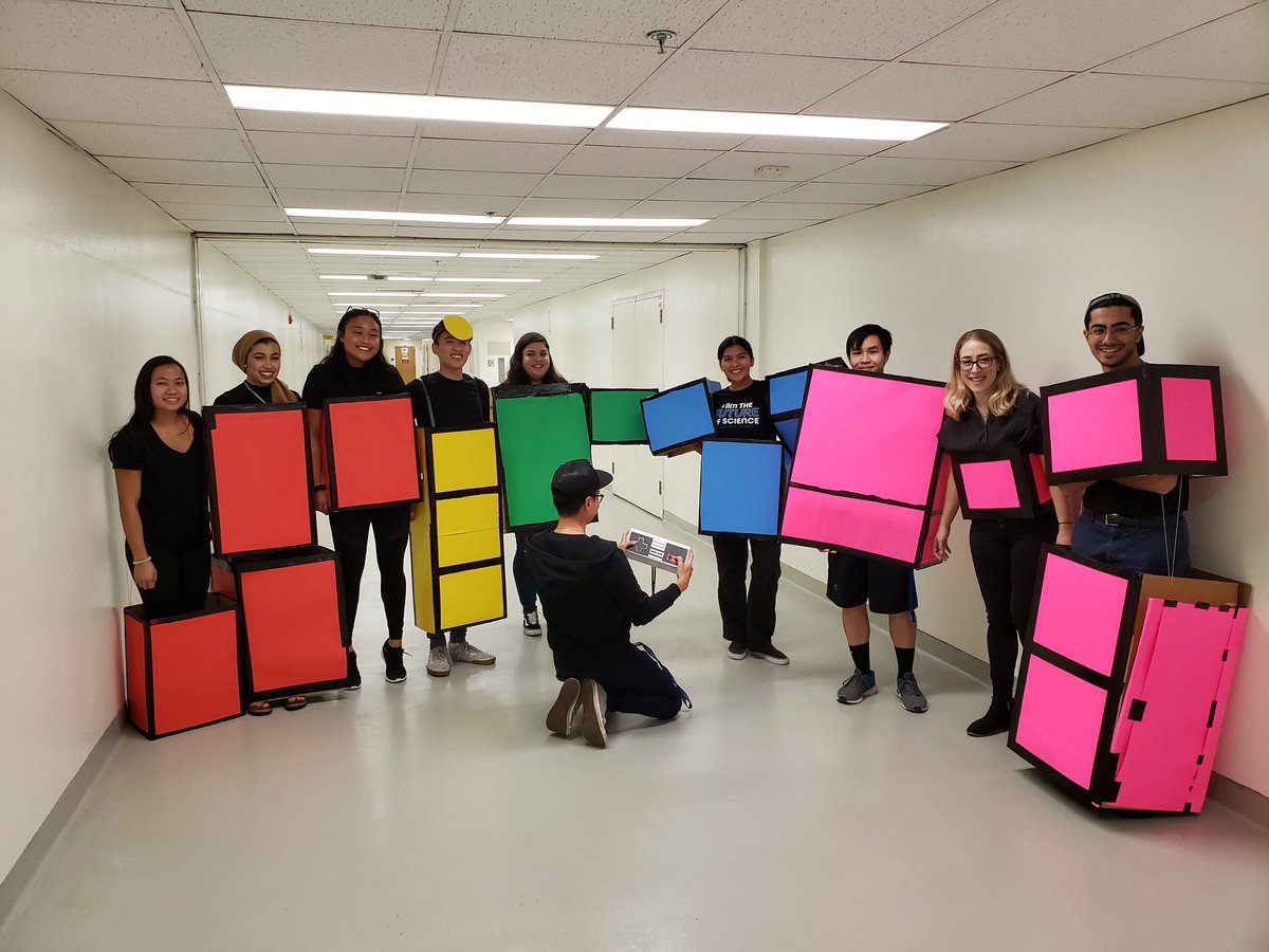 fkhuynh's tweet photo. Strong showing by the Huynh Lab at the @SJSU Biology Dept Halloween party! 1st in the pumpkin carving contest and 3rd in group costume. Shout out to baby Connor for his input. #Huynhing #jackolantern #sirt4 #tetris https://t.co/lj8wYzPlVP