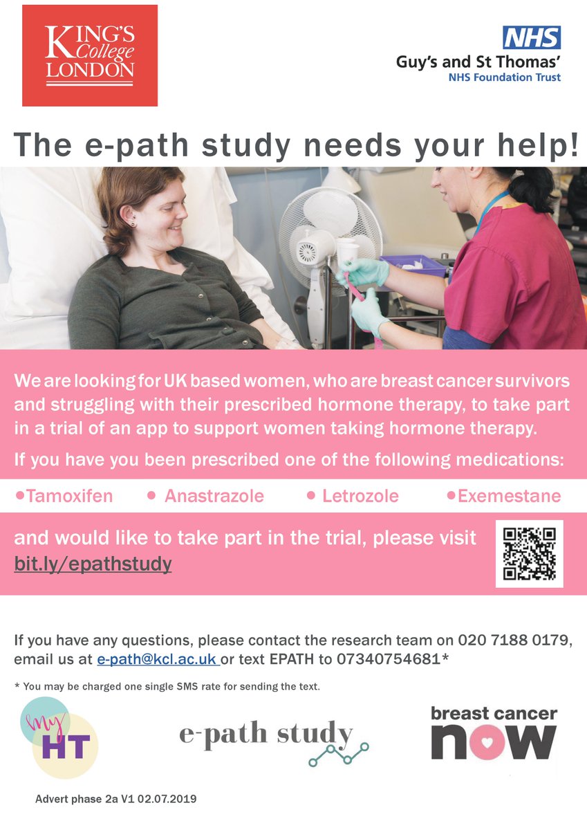 E-PATH Study (@epathstudy) on Twitter photo Please RT. We are looking for women prescribed tamoxifen/aromatase inhibitors to take part in a trial of an app to support women with their treatment.
For more info visit: bit.ly/2ohIcXj
or email e-path@kcl.ac.uk
#livingwithandbeyondcancer #survivorship Please RT. We are looking for women prescribed tamoxifen/aromatase inhibitors to take part in a trial of an app to support women with their treatment.
For more info visit: bit.ly/2ohIcXj
or email e-path@kcl.ac.uk
#livingwithandbeyondcancer #survivorship