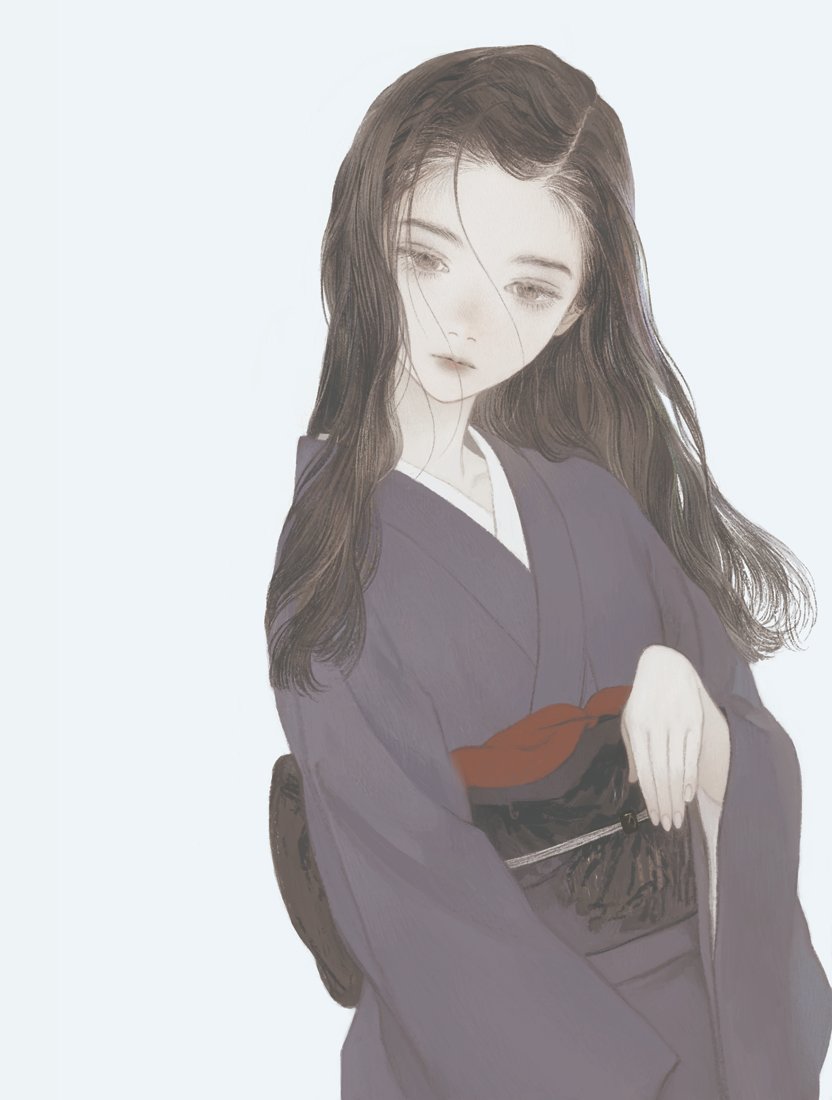 1girl solo japanese clothes kimono sash obi long hair  illustration images