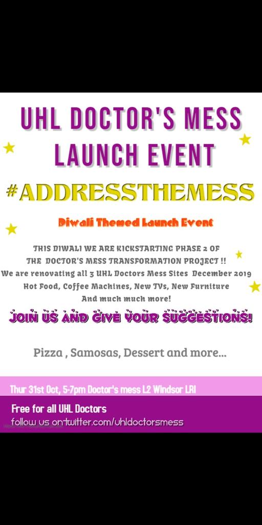 UHLDoctorsMess's tweet photo. This Thursday at the LRI mess. Come down for free food and to hear about our exciting plans! #addressthemess https://t.co/6EQ7r9PHRp