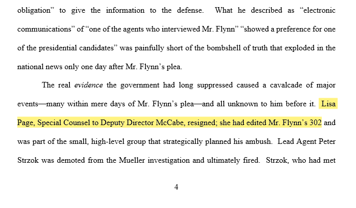 61. Now  @SidneyPowell1 ( @GenFlynn's lawyer) reveals in her filing that it was Lisa Page who edited the Flynn 302.  #Strzok "made [her] edits" to alter the FBI's account of Flynn so they could accuse him of lying to VP Pence. Also text to mislead leadership on picking up 302.