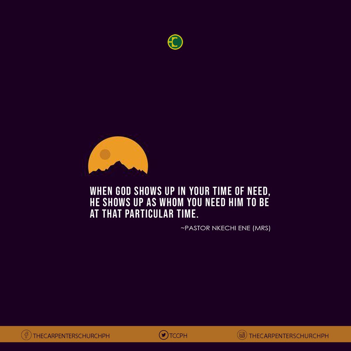 TCC PH (@tccph) on Twitter photo "When God shows up in your time of need, He shows up as whom you need Him to be at that particular time."~Pastor Nkechi Ene (Mrs)
TCCQuotes
<a href="/PastorKech/">Pastor Nkechi</a> "When God shows up in your time of need, He shows up as whom you need Him to be at that particular time."~Pastor Nkechi Ene (Mrs)
TCCQuotes
<a href="/PastorKech/">Pastor Nkechi</a>