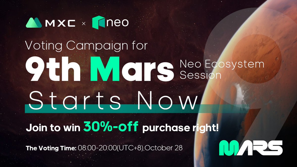 📕Voting Campaign for "9th #MXC MARS---#Neo Ecosystem Session" Will Start at 08:00 - 20:00 (UTC+8), Oct.28 

Voters of the winning project can enjoy 30%-off purchase right! 🔥

👉Check the projects' information here:
mxc-exchange.zendesk.com/hc/en-001/arti…

#MXC_Fans #Neo @NEO_Blockchain