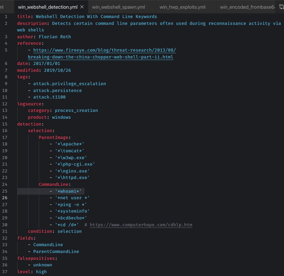 cyb3rops's tweet image. It may be hard to detect #Webshells in your Sandbox 🙃
But there's a generic way to detect webshells w/ Sigma rules that trigger on susp parent->child process relations
@FireEye example China Chopper
fireeye.com/blog/threat-re…
Rules
github.com/Neo23x0/sigma/…
github.com/Neo23x0/sigma/…
