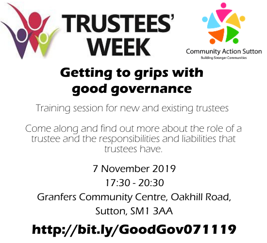 ComActionSutton's tweet photo. Are you a Trustee for a local charity in #Sutton?

Come along to our "Getting to grips with good governance" training - 7th Nov 2019 - 5.30pm to 8.30pm at Granfers Community Centre, Sutton

https://t.co/4FzW7Cuq7R https://t.co/XtTcILLpWT
