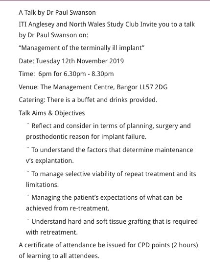 dentistrybymike's tweet image. Open invitation to all ITI members and any dentists who would like to join Paul Swanson At the Anglesey and North Wales ITI Study Club in Bangor on Nov 12th to discuss the management of the terminally ill implant. It will be a great night! #itiukireland #straumannuk #geistlichuk