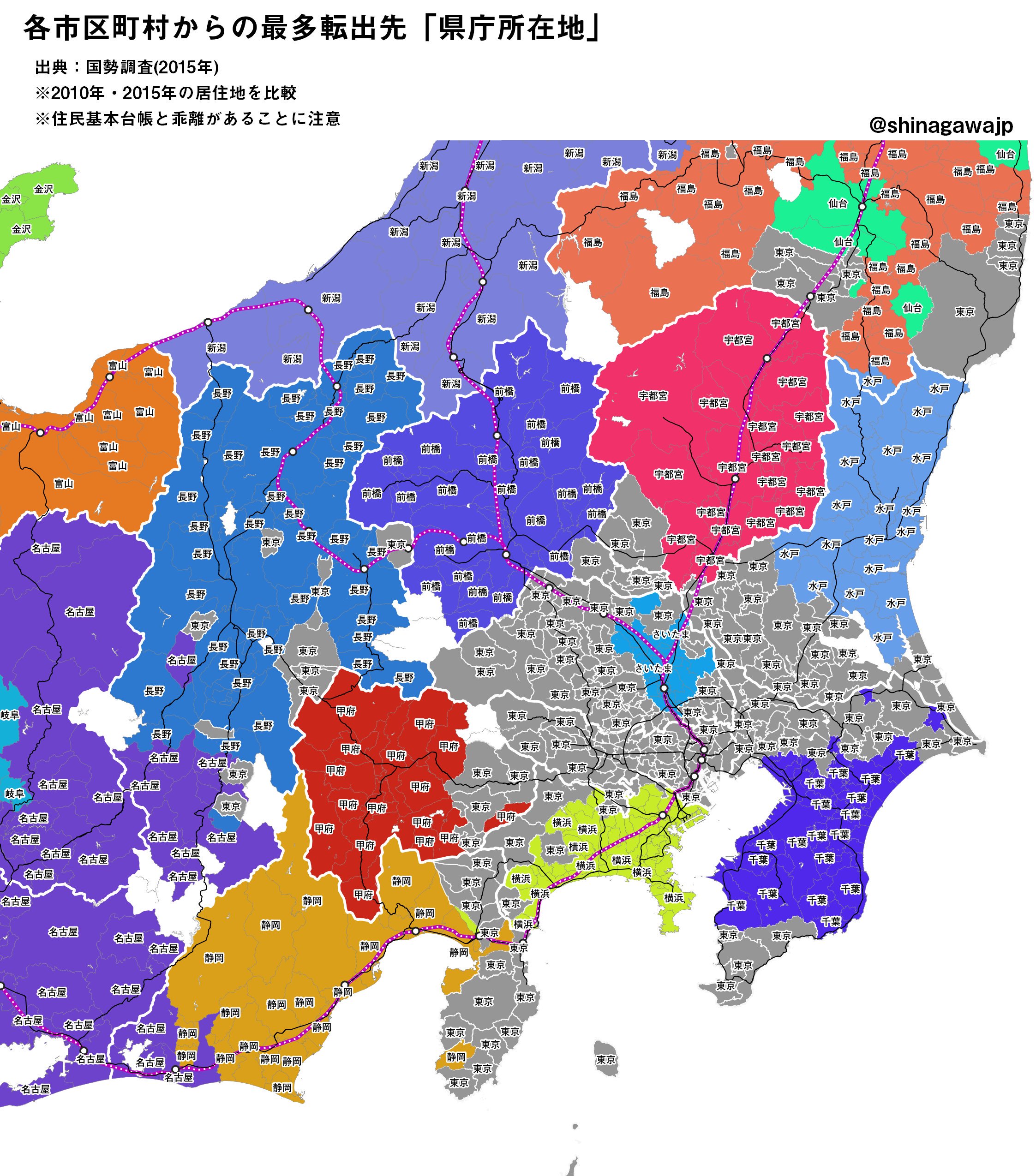 にゃんこそば データ可視化 今日は引っ越しシリーズ 国勢調査より 各市区町村を引っ越し先no 1の 県庁所在地 で塗り分けてみた 東京は23区を指します まずは関東 東海 近畿 都道府県境と合っているところ 合っていないところを眺めてみると