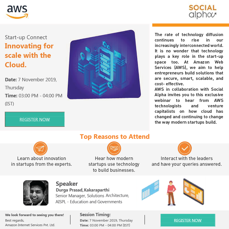 SocialAlphaIN's tweet photo. #SocialAlpha & @awscloud is inviting start-ups for a webinar on ‘How start-ups can innovate with cloud for scale’ on Nov 7th, 2019 from 3-4 pm. Our speaker Durga Prasad, #AISPL will talk about how cloud is changing the way modern start-ups build. Register https://t.co/MwFj6RRGIP https://t.co/CQa5YjddI3