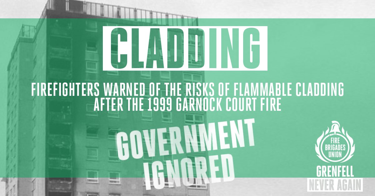 MattWrack's tweet image. RT

As long ago as 1999, our union, the #FBU warned of the risks of flammable cladding. 

Government ministers ignored the warnings.

Don’t let them stitch up firefighters.

#GrenfellNeverAgain