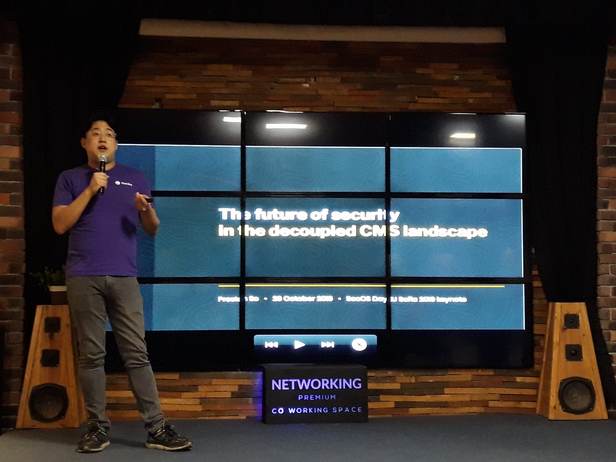 Marie77e's tweet photo. Another amazing keynote by @prestonso on the future of security in the decoupled CMS landscape! Thank you, your Bulgarian is impressive! It was a perfect start of the second day of @SecOSday! Благодаря много! :) https://t.co/zkvbS9Owhm