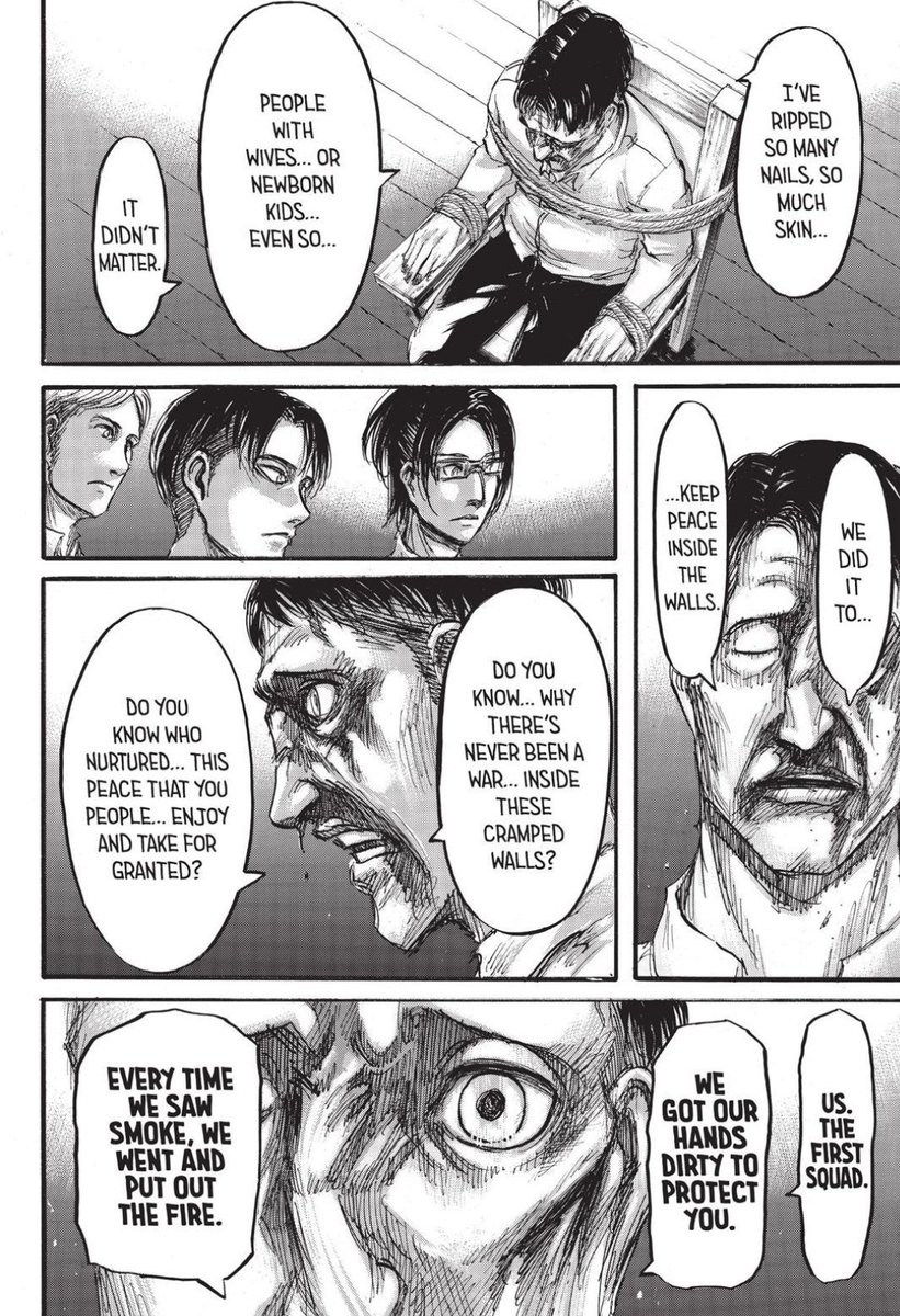 You can really feel the series slowly shifting to become more character driven. Now that we know it is, and has always been, humans vs humans, Isayama does an amazing job showing us the sides of every human. Dimo Reeves, Nile of the MPB, even this mf Sannes...