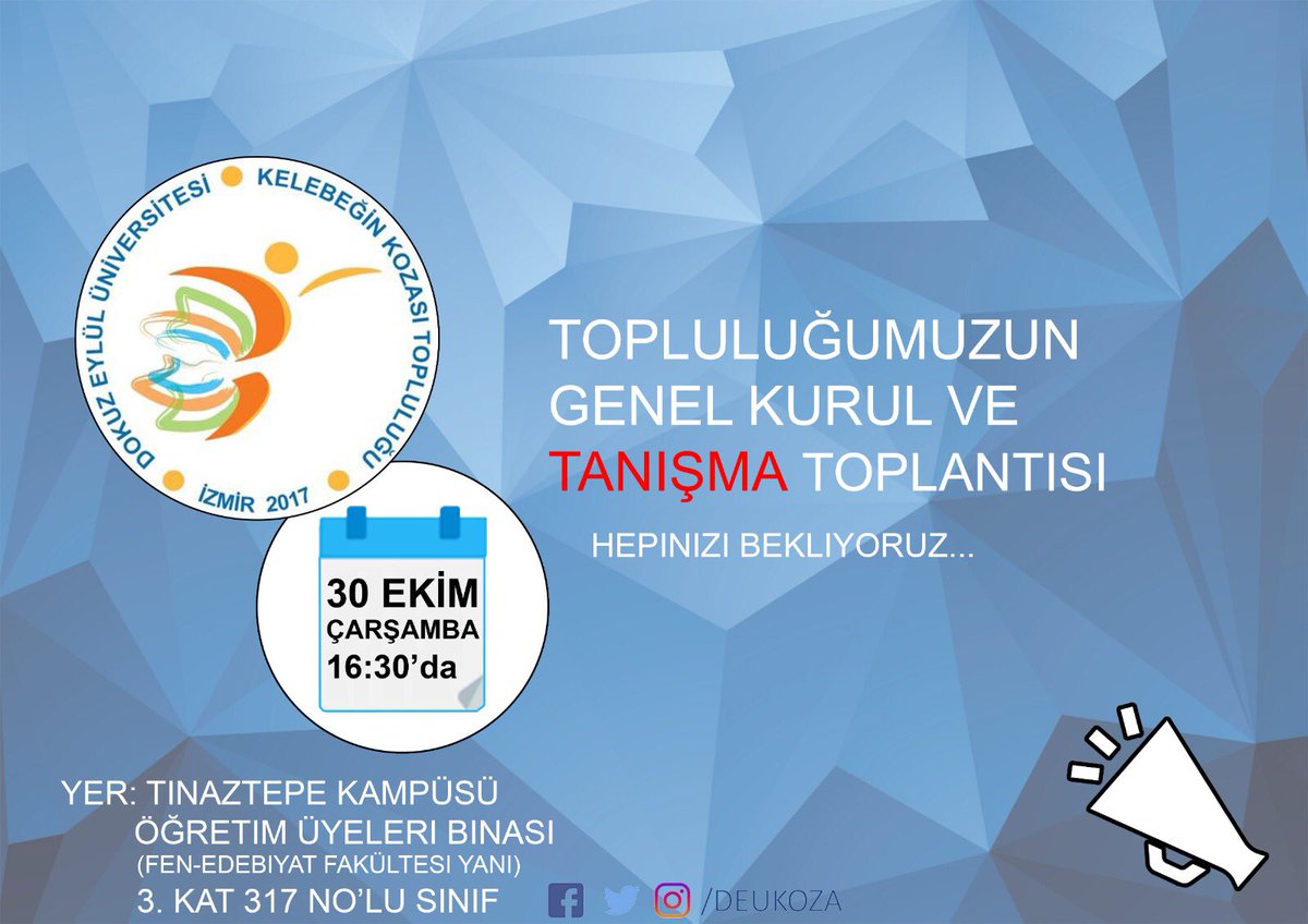 Toplantımızda yer konusunda ufak bir değişiklik yaptık. 30 Ekim Çarşamba günü, saat 16.30’da, Tınaztepe Kampüsü Öğretim Üyeleri Binasında seni bekliyor olacağız🦋