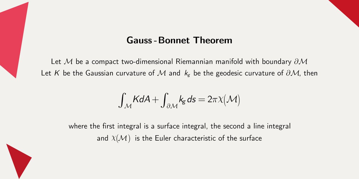 MathType's tweet image. The Gauss-Bonnet Theorem describes curvature on a surface. It can be used to prove that the angles of any triangle add up to exactly pi rad, but only on a plane. On a sphere they add up to more than pi, on a hyperboloid they add up to less than pi #DifferentialGeometry #MathType