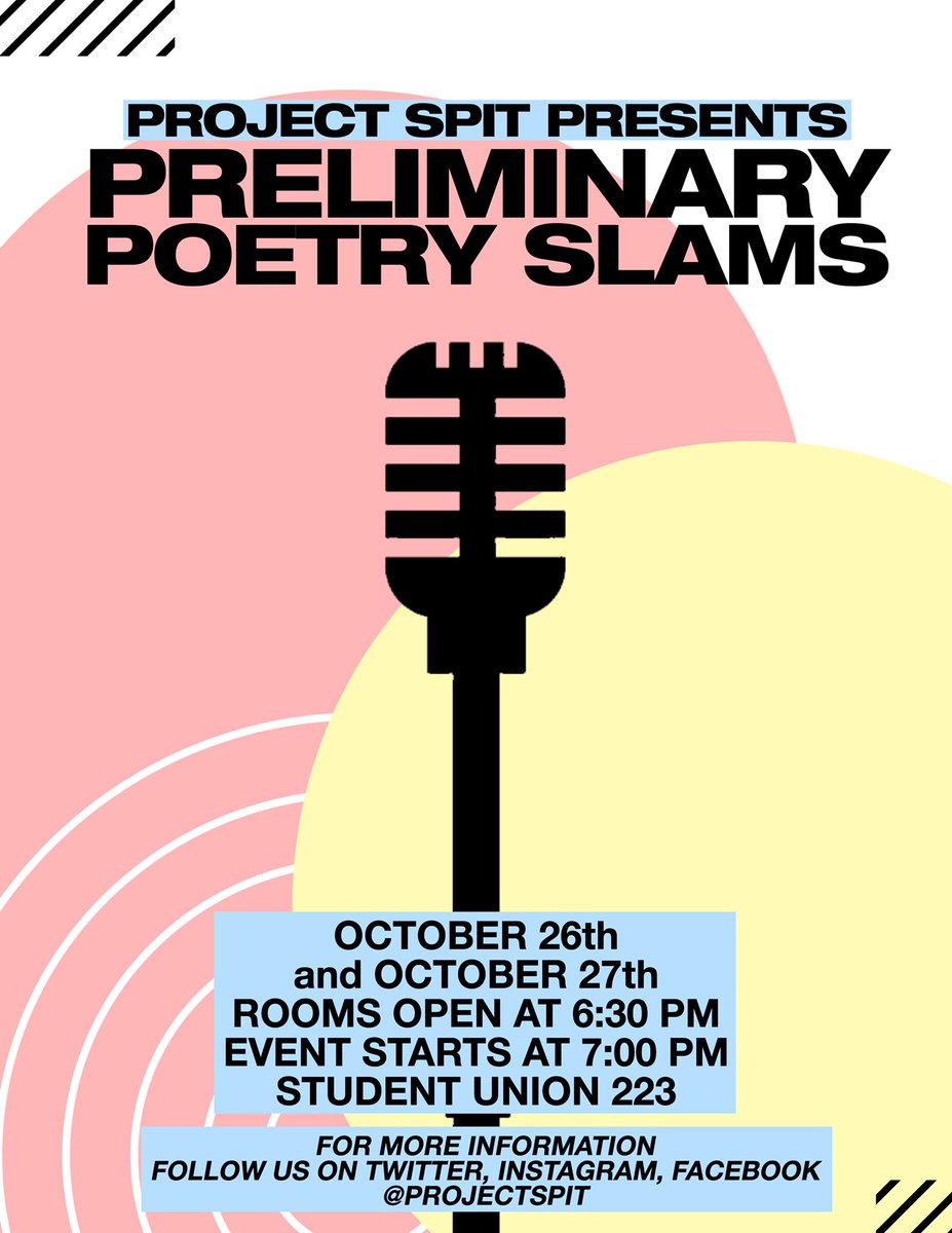 ProjectSPIT's tweet image. TODAY! COME SEE PART 1 OF OUR PRELIMINARY POETRY SLAM! #poetryslam #projectspit #ucf19 #ucf20 #poetry