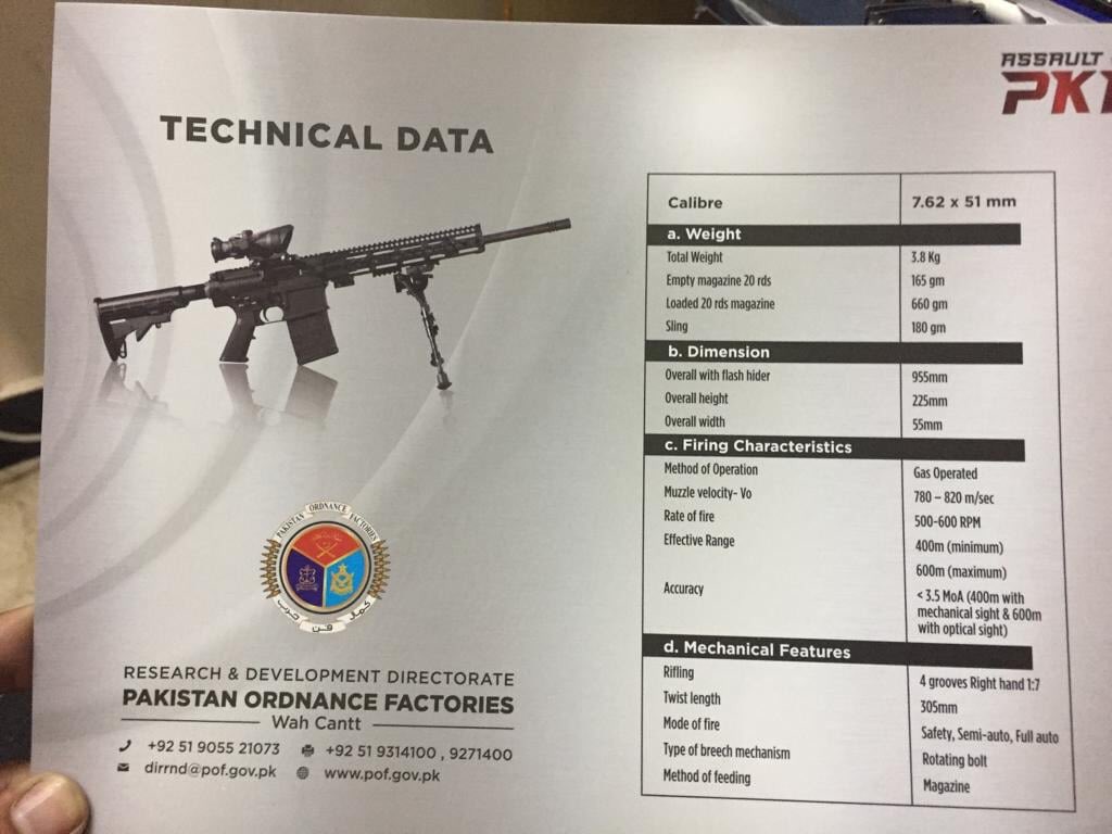 VinodDX9's tweet photo. #pakistanweapons
POF 7.62*51 mm Assault Rifle PK18
Weight: 3.8 kg
Muzzle Velocity: 780-820 m/sec
Range: 600 max
R.O.F: 500-600 RPM
Accuracy: <3.5 MoA (600 m, Optical Sight)
#Pakistan https://t.co/JEluZ8Wofv