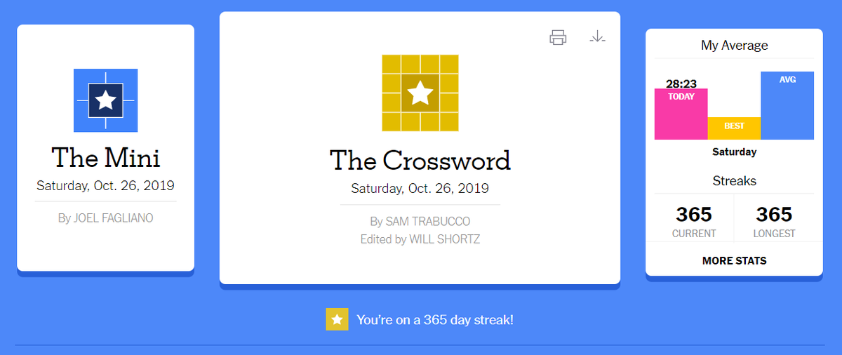 It's a pretty exciting day for me! Just hit a one year streak on the <a href="/NYT_Crossword/">Katy</a>!

Oh, also I'm getting married. 
<a href="/NYTimesWordplay/">New York Times Wordplay</a>
