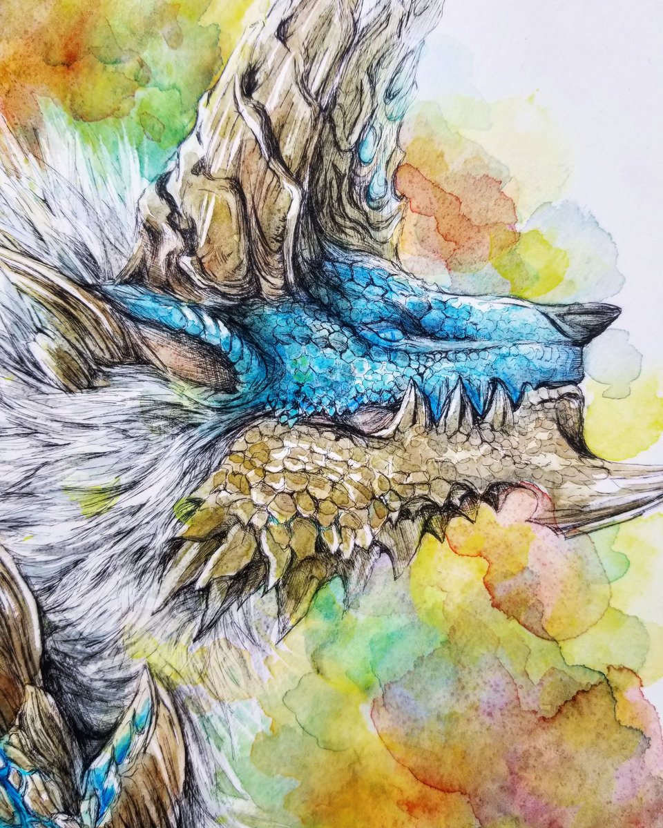 no humans traditional media painting (medium) horns watercolor (medium) blue eyes dragon  illustration images